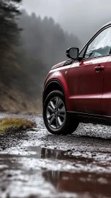 Photorealistic off-road SUV close-up in misty forest setting.