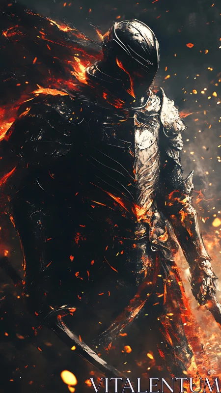 Armored warrior figure surrounded by fire and embers.