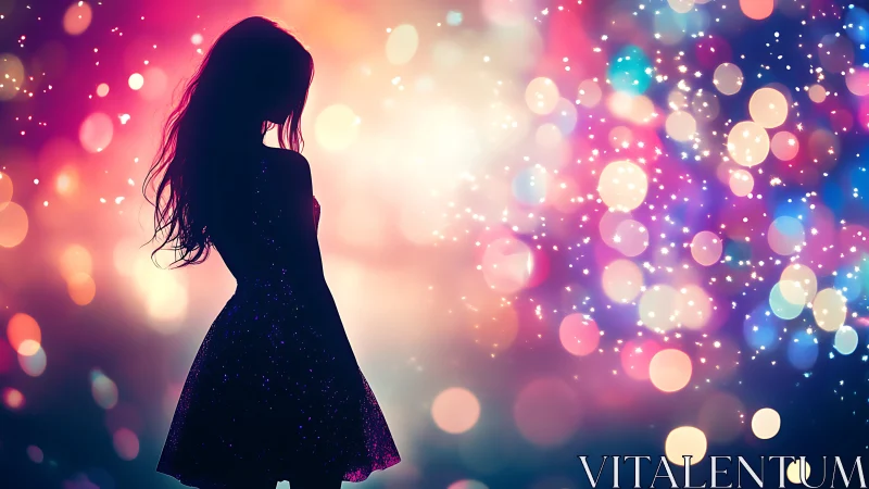 Silhouette of woman against colorful bokeh lights.
