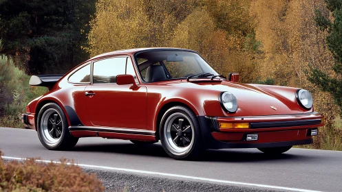 Classic red sports coupe glides along a calm forest road