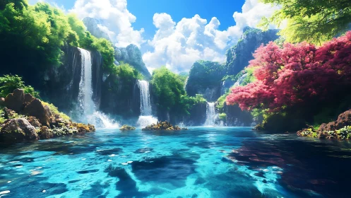 Tropical waterfall lagoon reflects vivid forest under bright sky