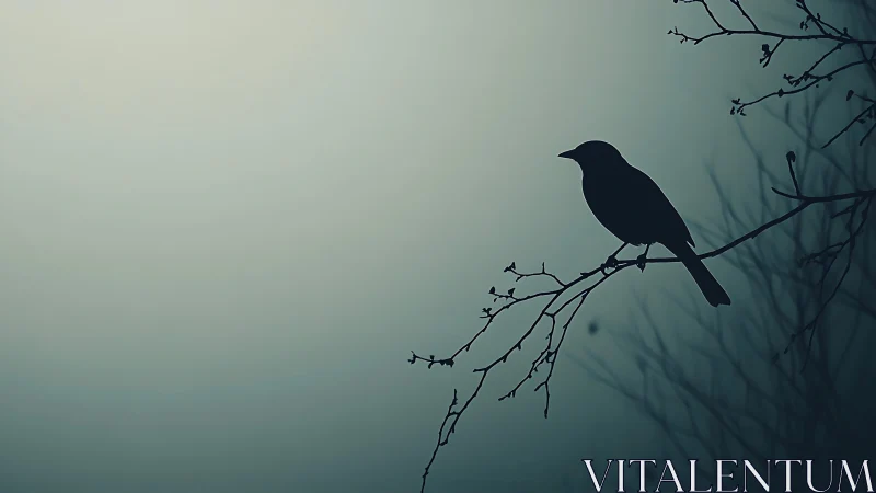 Silhouette of a Bird on a Bare Branch in Minimalist Style.