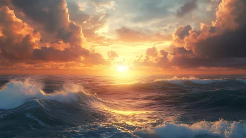 Dramatic ocean sunset with glowing clouds and rolling waves.