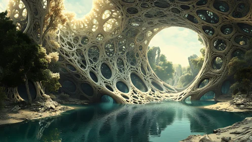 Bioluminescent lattice arches over tranquil fantasy river.