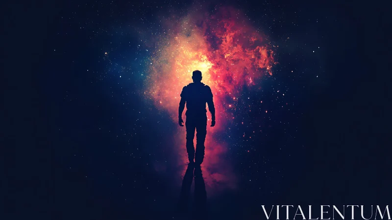 Silhouetted astronaut against nebula core, digital painting.