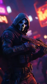 Neon masked vigilante prowls a restless cyberpunk night.