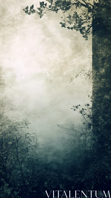 Quiet forest edge fading gently into soft morning mist.