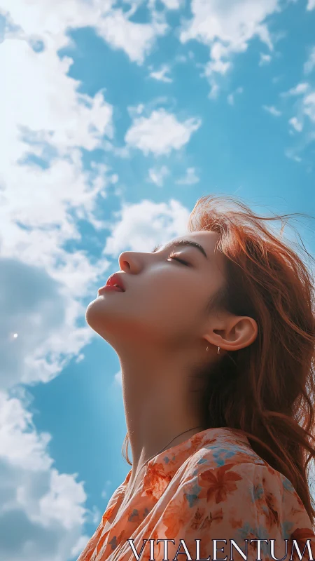 Young woman in floral dress breathes calmly beneath clouds.