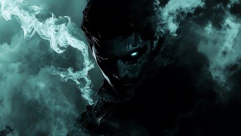 Smokeborn specter with neon eyes stalking the shadowed void.