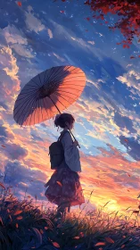 Side view of girl with umbrella against stratified sunset sky