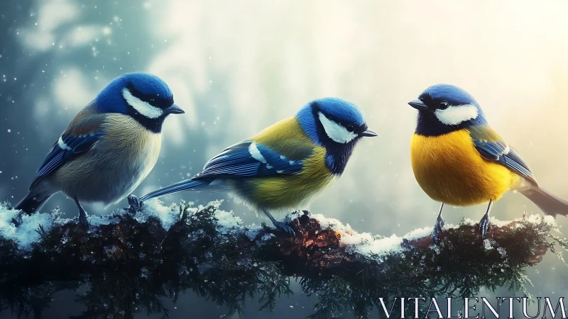 Three Colorful Songbirds on Snowy Branch in Soft Winter Light.