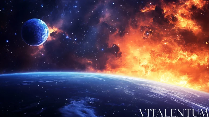 Fiery cosmic sunrise paints a distant blue world in light