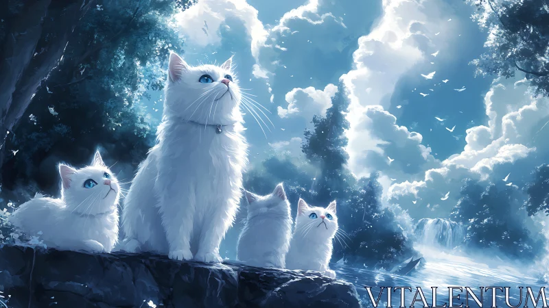 Four white felines with blue eyes positioned on rocky terrain against volumetric cloud formations an