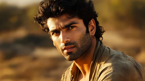 Sunlit portrait captures intense gaze in warm outdoors.