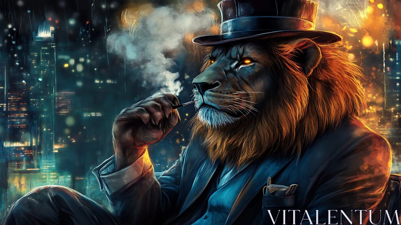 Midnight lion magnate contemplates the city in ember smoke