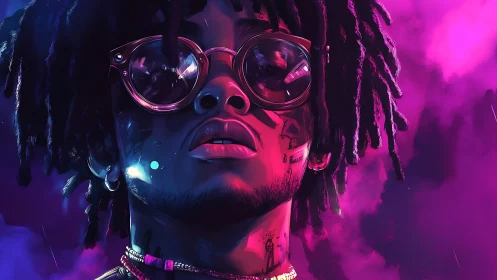 Neon rim-lit portrait of dreadlocked subject with reflective glasses