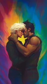 Digital Portrait of Intimate Male-Male Couple Against Chromatic Light Gradient