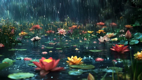 Rainfall turns the lotus pond into a shimmering sky of color