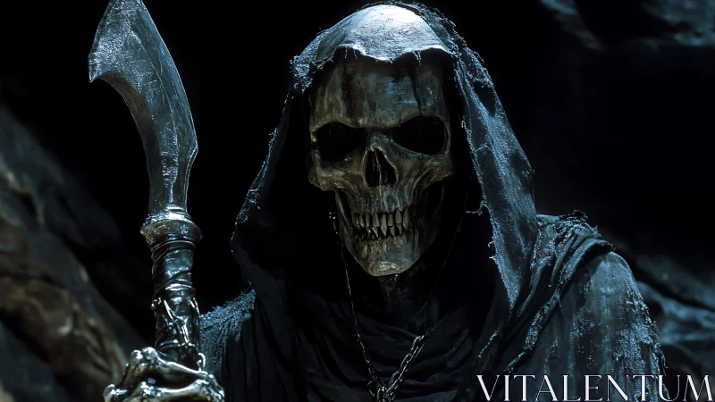 Grim reaper portrait with corroded scythe in deep shadow.