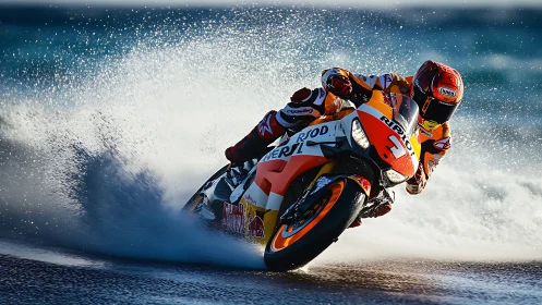 Motorcycle rider cornering on wet track with water spray.