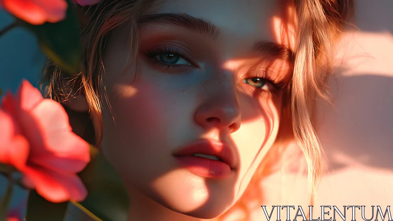 Close-up portrait in warm sunset light with flowers.