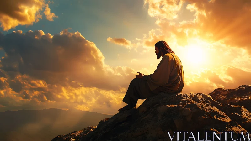 Solitary robed figure praying against blazing mountain sunset.