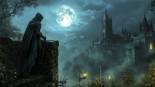 Hooded rogue surveys a moonlit gothic castle in mist