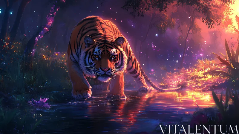 Gentle tiger wandering through a glowing twilight forest.