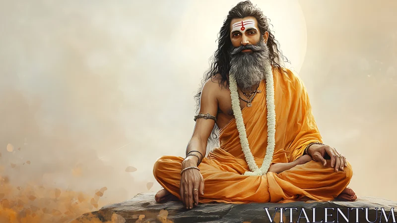 Meditative Hindu sage in saffron robes on rocky surface.
