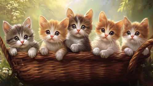 Five Adorable Kittens Perched on Sunlit Wooden Branch
