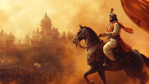 Armored cavalry commander leads massed army before domed citadel