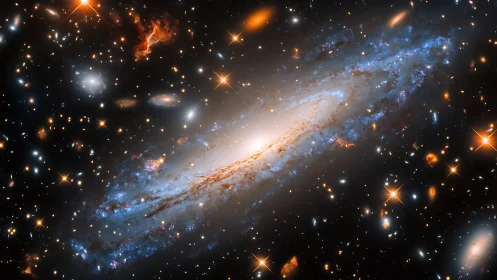 Spiral galaxy glows amid dense starfield and nebulae sky.