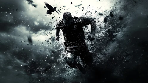 Kinetic fragmentation of sprinting athlete in storm cloud field.