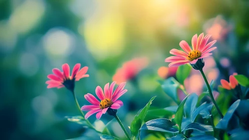 Pink Daisies in Soft Focus Garden Light.