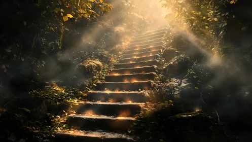 Stone steps ascending through dense forest under filtered light.