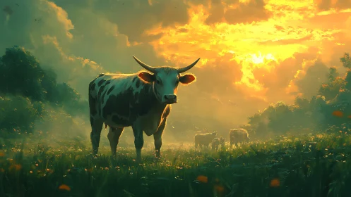 Spotted cow in backlit meadow at bright golden sunset.