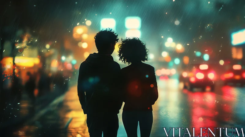 Two figures in rain with urban night lighting