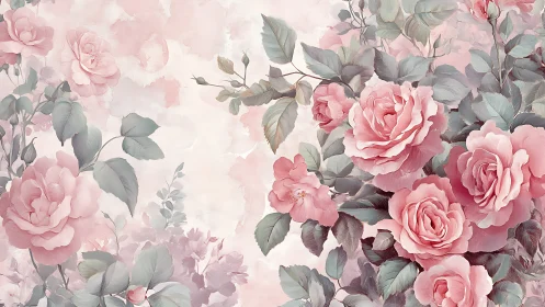 Soft pink rose pattern with clustered botanical blooms.