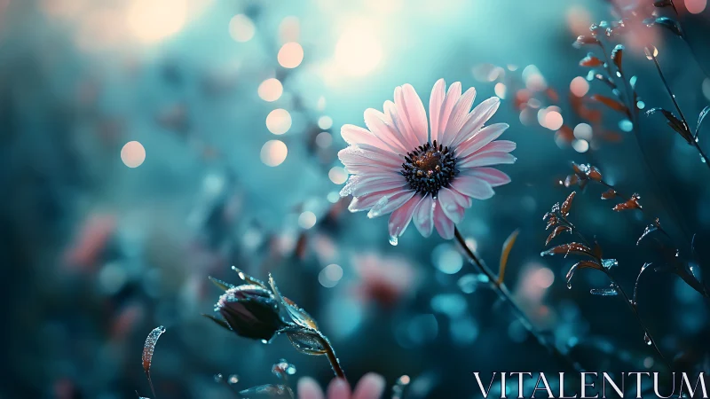 Pink Daisy with Dewdrops in Soft Bokeh Garden.
