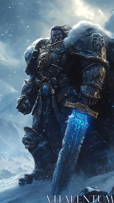 Armored warrior with glowing sword in a frozen landscape.
