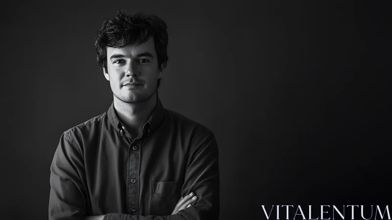 Monochrome studio portrait with negative space composition.