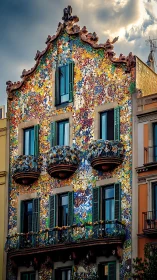 Sunlit mosaic house glowing with storybook charm.