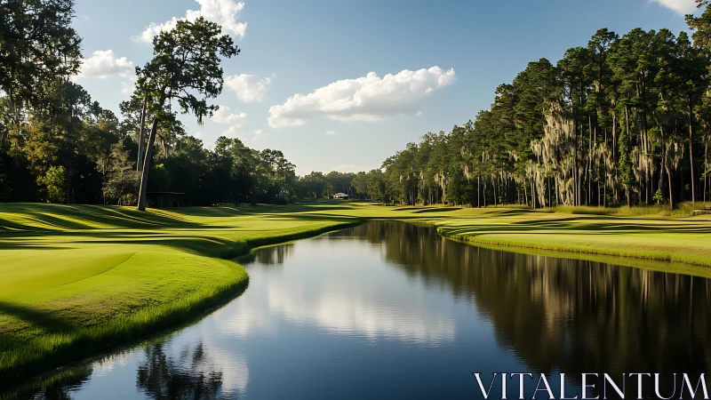 Golf course fairway curves along reflective water hazard