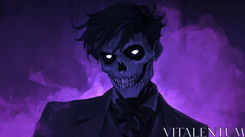 Skeletal figure in suit before dense purple vapor field.