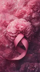 Digital floral ribbon emblem in monochrome pink relief composition.