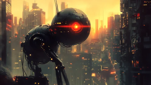 Red-eyed surveillance robot scans dense cyberpunk skyline