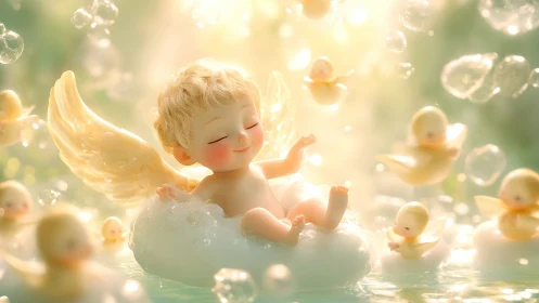 Luminous cherub reclining on cloud amid ethereal duck companions