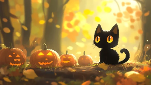 Black Cat Presides Over Halloween Pumpkin Patch in Golden Autumn Glow