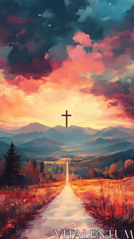 Sunlit mountain road leads toward distant cross in sky
