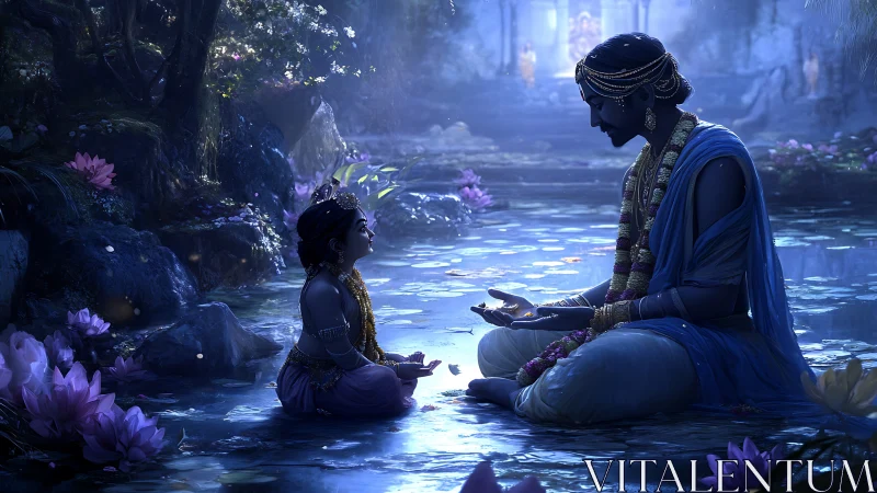 Luminous river communion of divine figures in moonlit lotus grove.